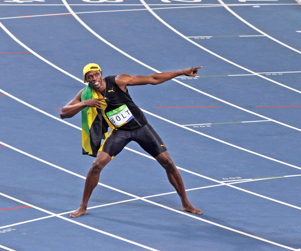 Usain Bolt na comemoração do tricampeonato olímpico nos 100 metros rasos no atletismo, Estádio Olímpico Nilton Santos, Rio de Janeiro, RJ, 14/08/2016